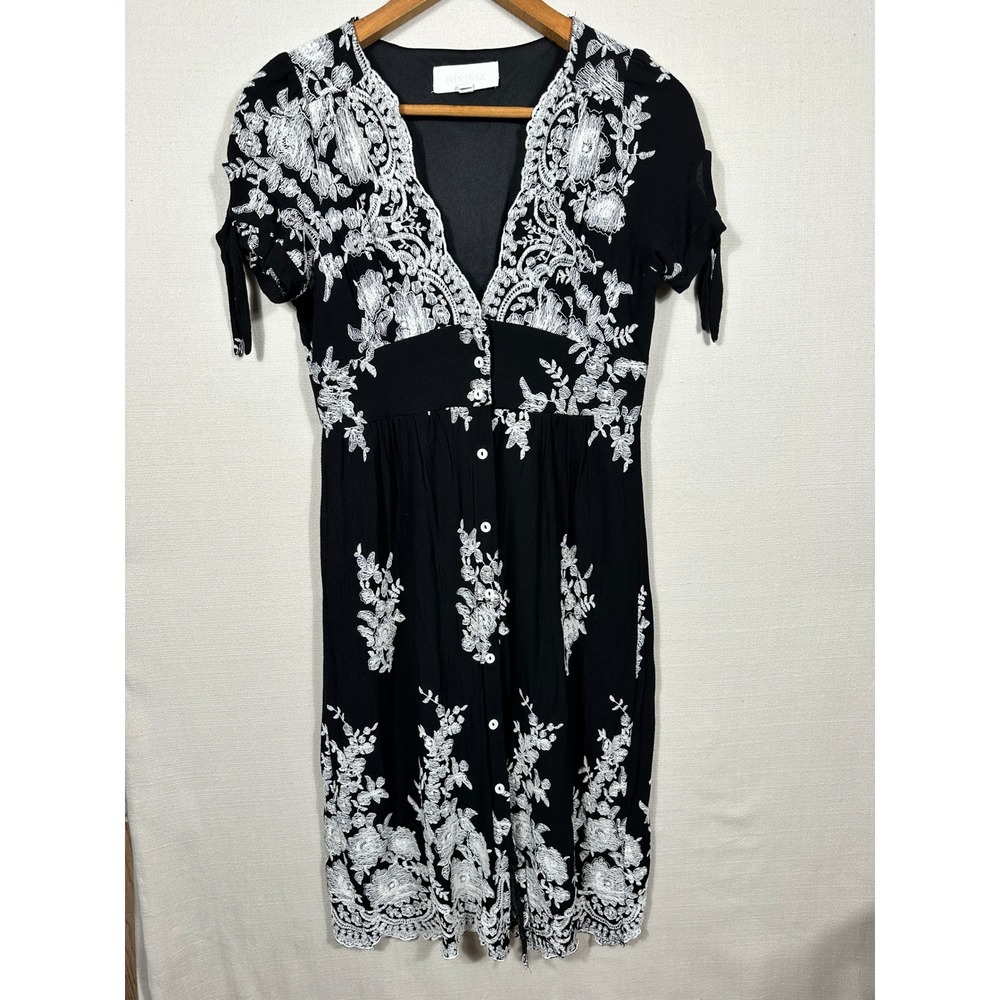 Superfoxx Midi Dress Womens Medium Black Excellent Embroidered Button Front Boho